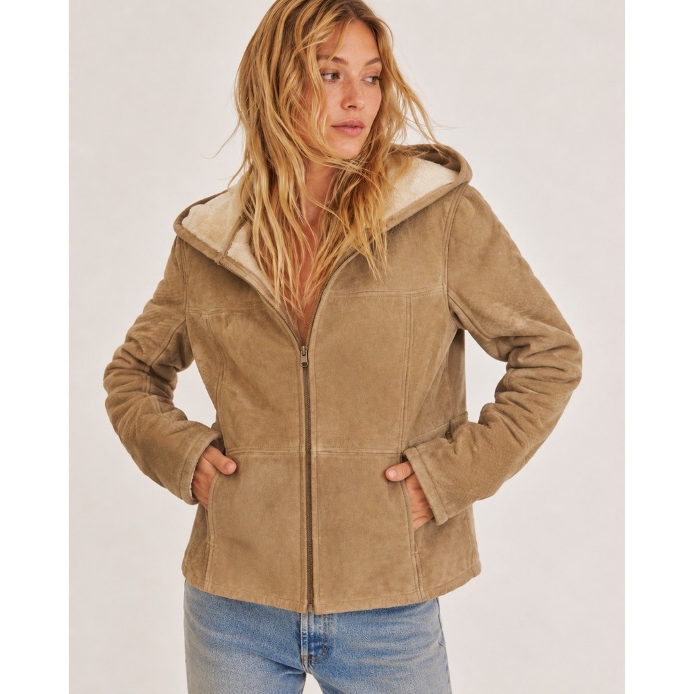 Esprit 100% Suede Jacket Sz S Camel Sherpa-Style Plush Lining Hooded Western